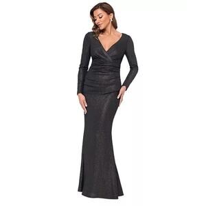 Xscape Formal Evening Gown Sz 10 Black Gold Metallic Wedding Party Dress Mother